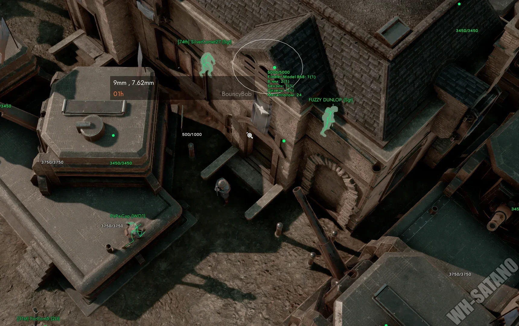Foxhole ESP overlay: player tags with health bars, structure HP and container contents visible through walls