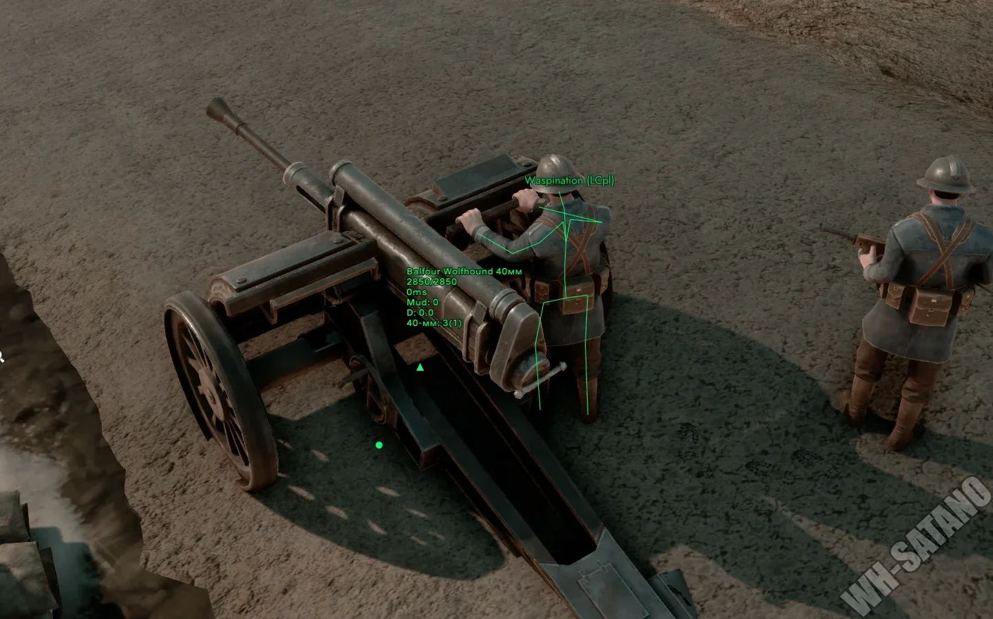 Foxhole ESP on artillery: the Balfour Wolfhound 40mm shows HP, shell type and distance, soldiers outlined with rank tags