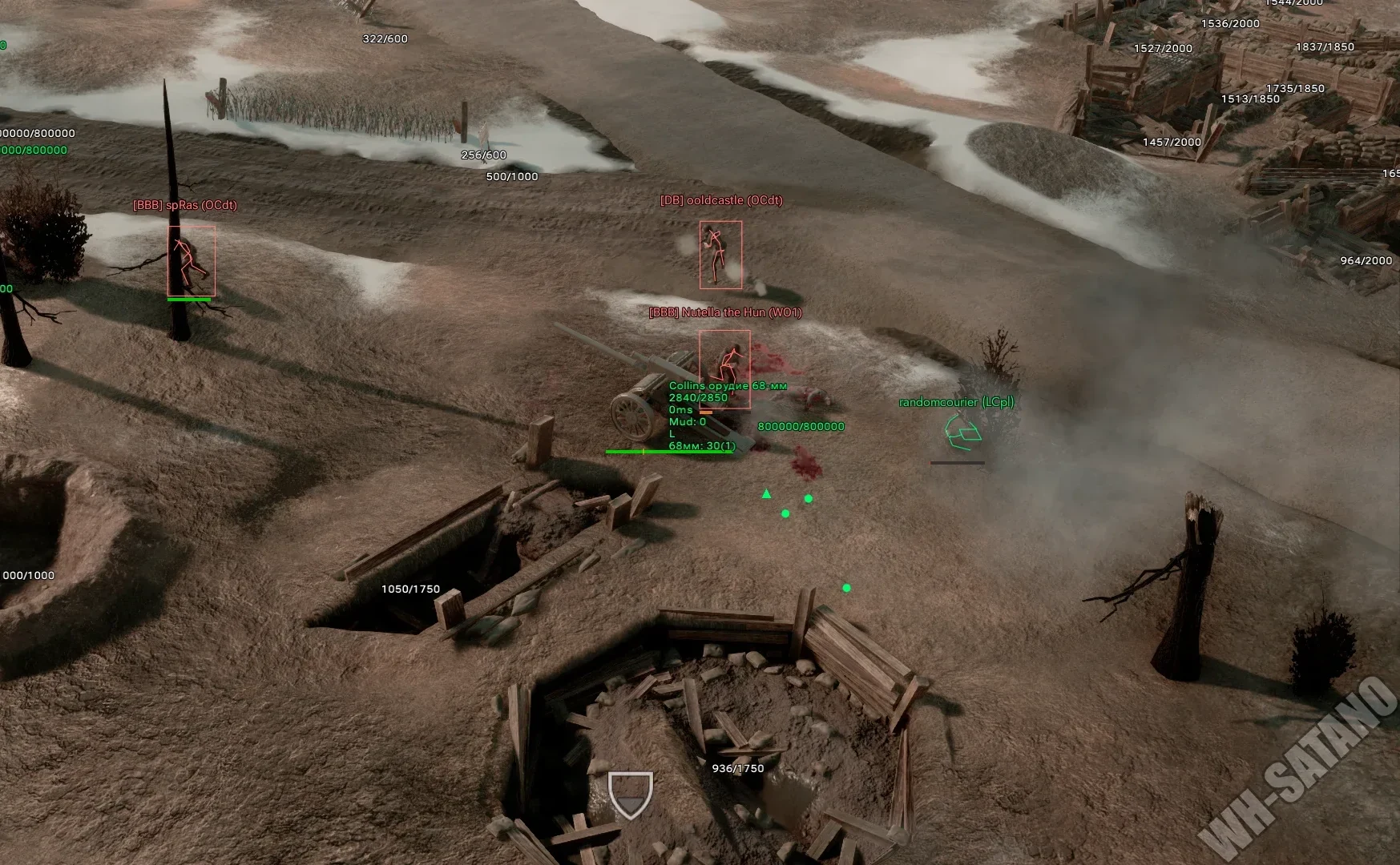 Foxhole radar on the battlefield: enemy boxes with names and ranks, the Collins 68mm gun with ammo count and mud state